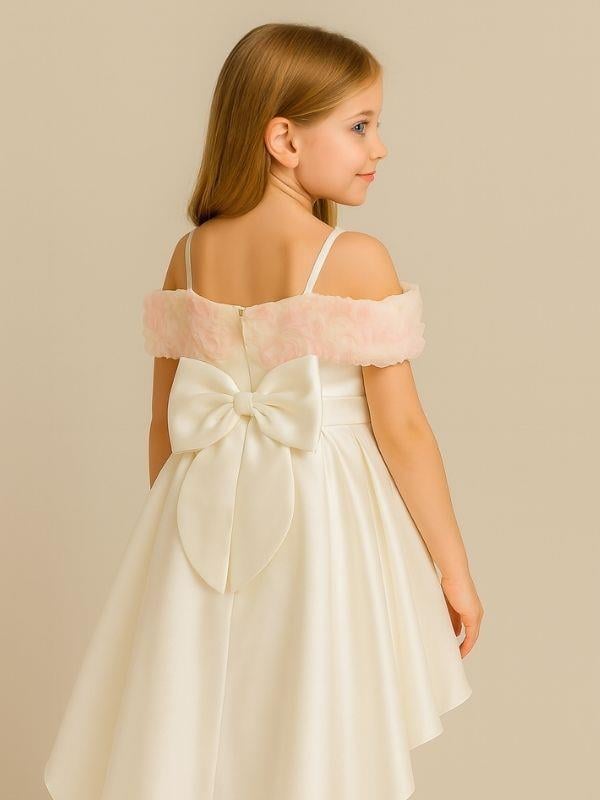 Kız Çocuk Prenses Kol Çiçek Detaylı Arkası Fiyonklu Kuyruklu Tasarım Abiye Elbise