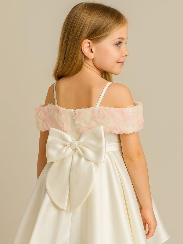 Kız Çocuk Prenses Kol Çiçek Detaylı Arkası Fiyonklu Kuyruklu Tasarım Abiye Elbise