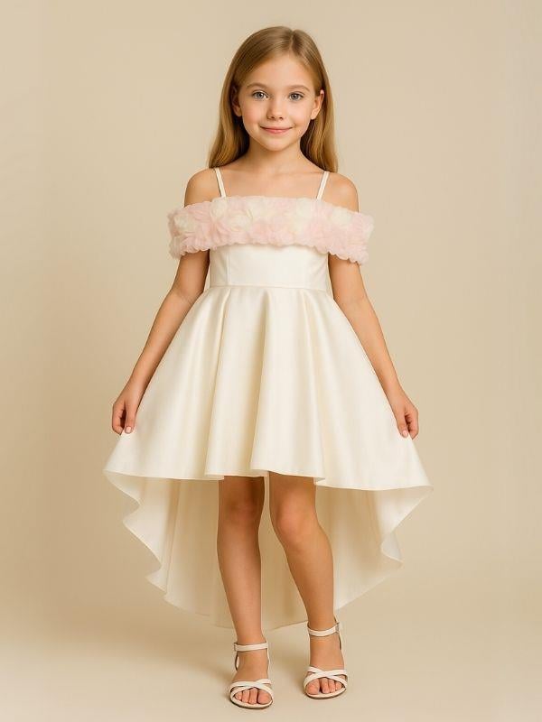 Kız Çocuk Prenses Kol Çiçek Detaylı Arkası Fiyonklu Kuyruklu Tasarım Abiye Elbise
