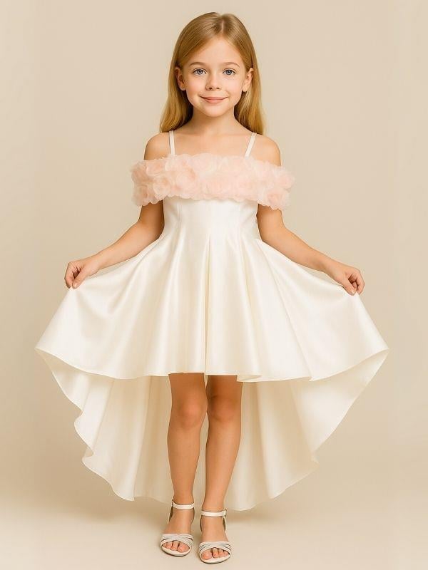 Kız Çocuk Prenses Kol Çiçek Detaylı Arkası Fiyonklu Kuyruklu Tasarım Abiye Elbise
