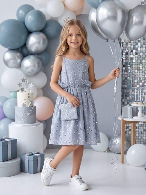 Kız Çocuk Pul İşlemeli Çanta Detaylı Şık Tasarım Elbise