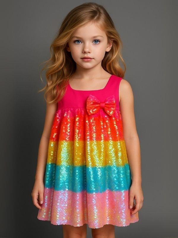 Kız Çocuk Pul Payetli Gökkuşağı Tasarım Abiye Elbise