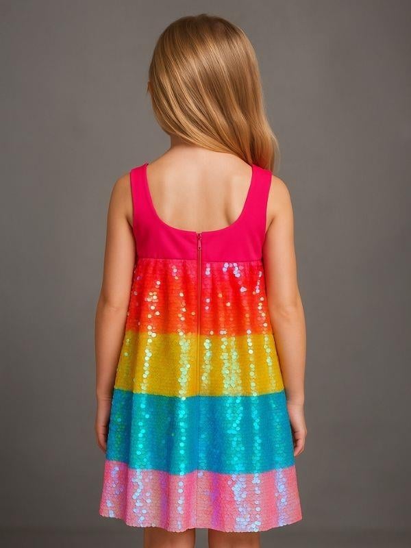Kız Çocuk Pul Payetli Gökkuşağı Tasarım Abiye Elbise