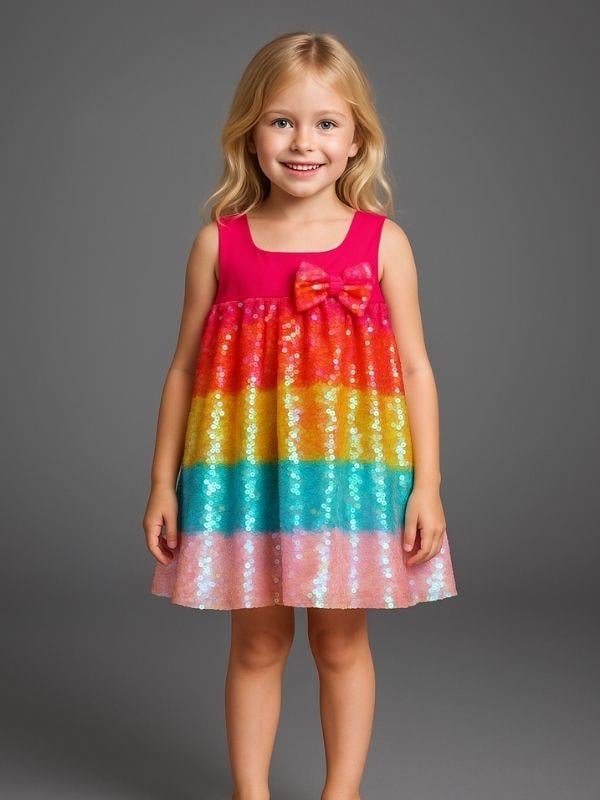 Kız Çocuk Pul Payetli Gökkuşağı Tasarım Abiye Elbise