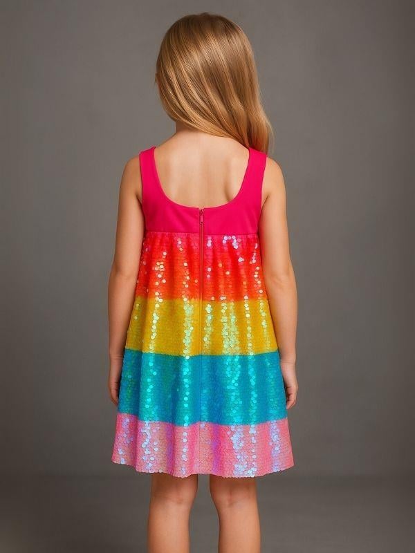 Kız Çocuk Pul Payetli Gökkuşağı Tasarım Abiye Elbise
