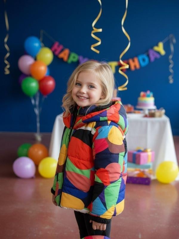 Kız Çocuk Renkli Geometrik Desenli Kapüşolu İçi Kürklü Mont