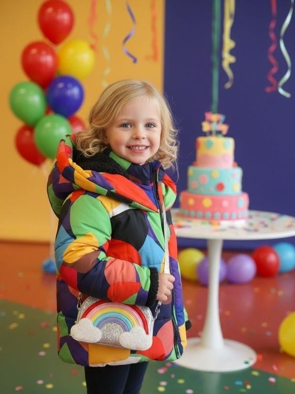 Kız Çocuk Renkli Geometrik Desenli Kapüşolu İçi Kürklü Mont