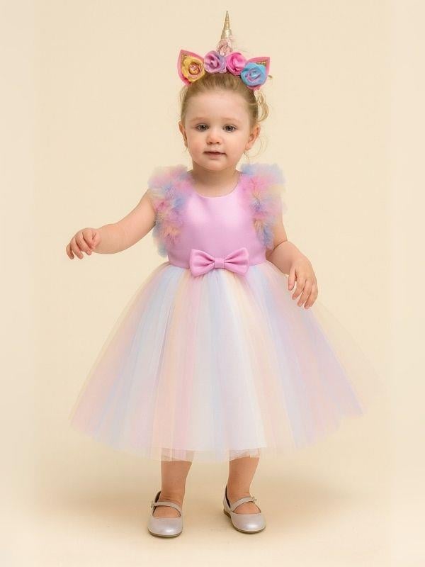 Kız Çocuk Renkli Tül Detaylı Sırt Dekolteli Tasarım Abiye Elbise (1-5 Yaş)