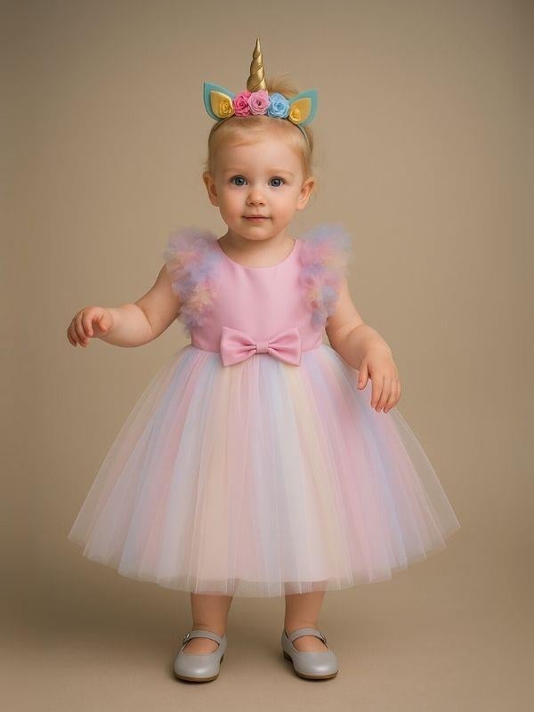 Kız Çocuk Renkli Tül Detaylı Sırt Dekolteli Tasarım Abiye Elbise (1-5 Yaş)