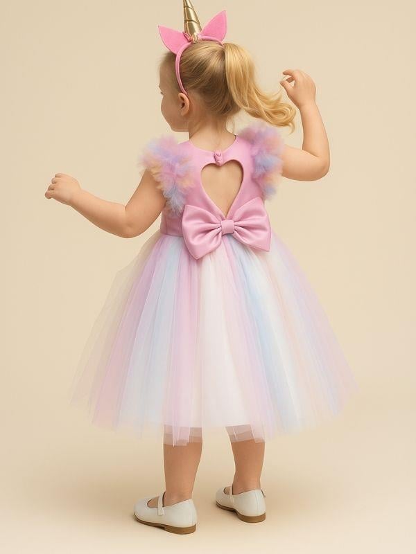 Kız Çocuk Renkli Tül Detaylı Sırt Dekolteli Tasarım Abiye Elbise (1-5 Yaş)