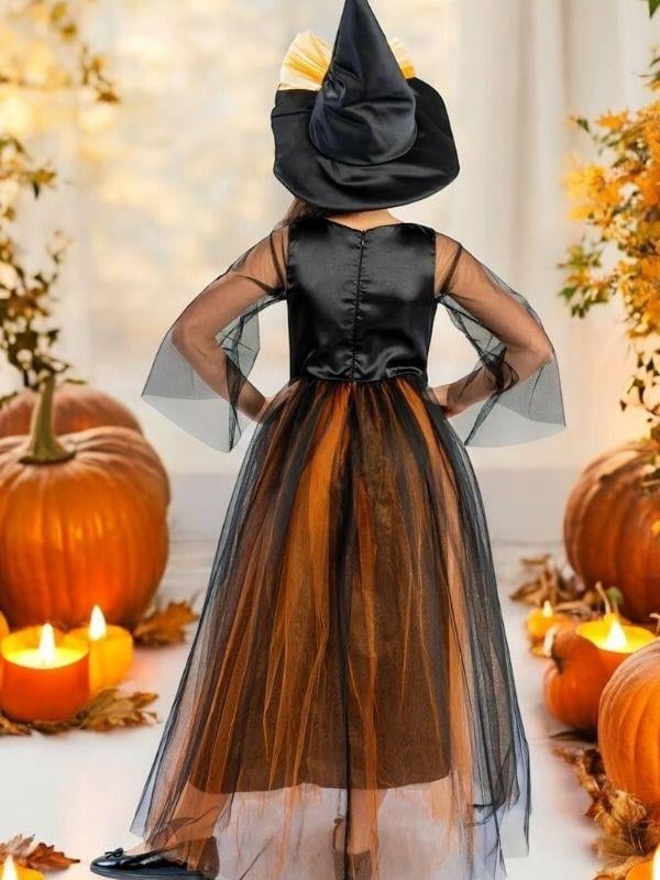 Kız Çocuk Şapkalı Uzun Cadı Kostümü