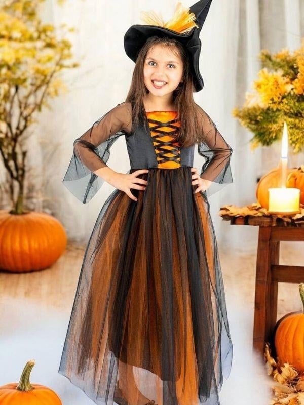 Kız Çocuk Şapkalı Uzun Cadı Kostümü