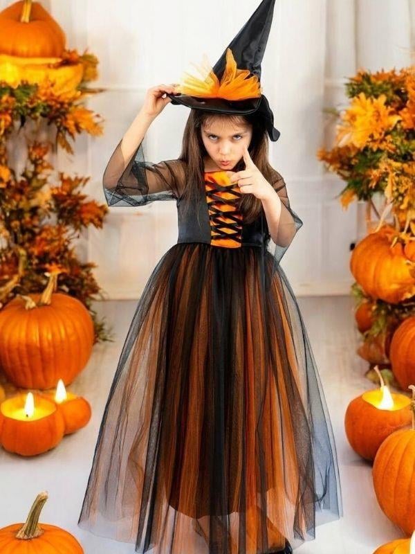 Kız Çocuk Şapkalı Uzun Cadı Kostümü