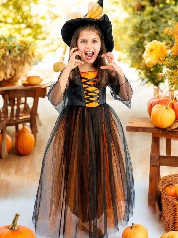 Kız Çocuk Şapkalı Uzun Cadı Kostümü