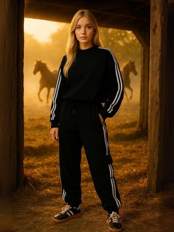 Kız Çocuk Şerit ve Cep Detaylı Oversize Tasarım Eşofman Takımı