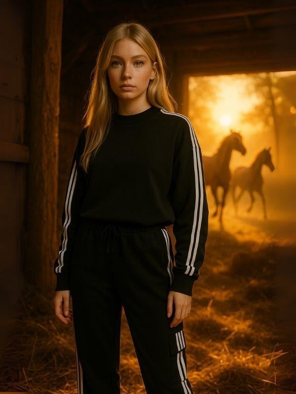 Kız Çocuk Şerit ve Cep Detaylı Oversize Tasarım Eşofman Takımı