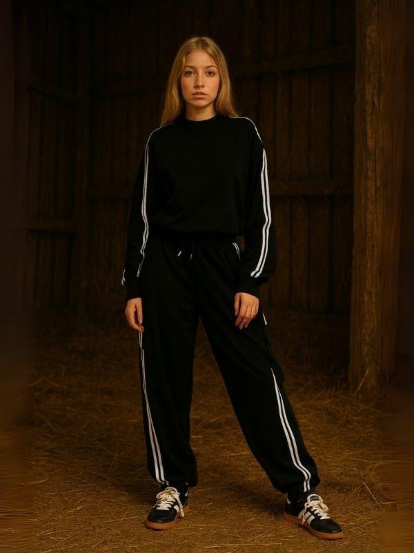 Kız Çocuk Şerit ve Cep Detaylı Oversize Tasarım Eşofman Takımı