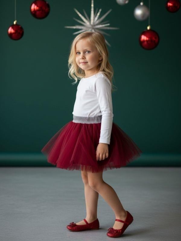 Kız Çocuk Simli Bel Detaylı Bordo Tütü Etek