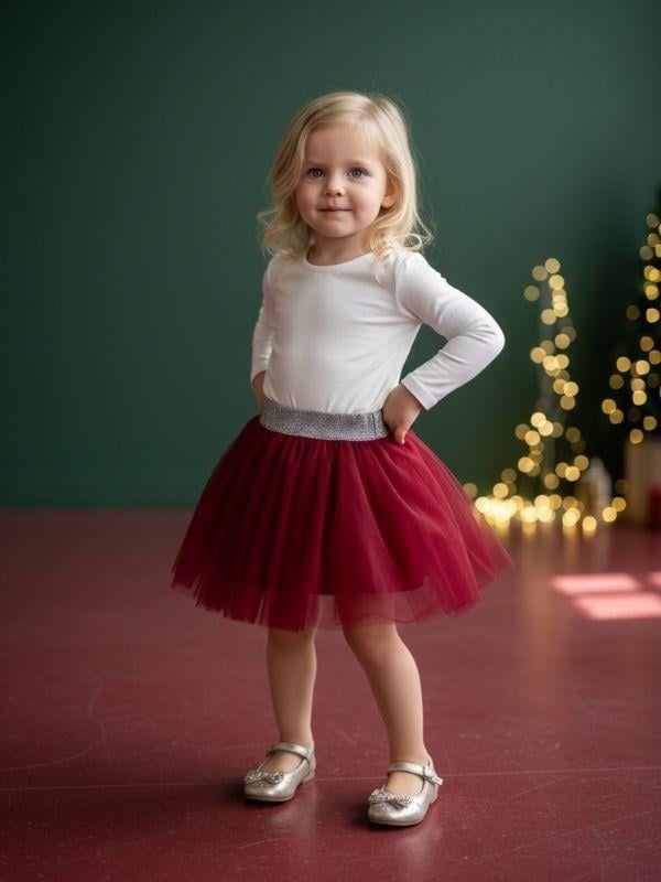 Kız Çocuk Simli Bel Detaylı Bordo Tütü Etek