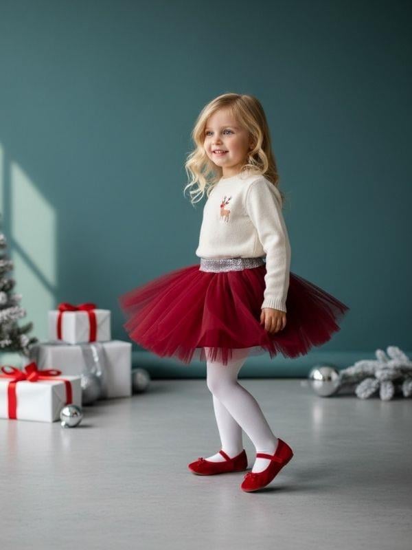 Kız Çocuk Simli Bel Detaylı Bordo Tütü Etek