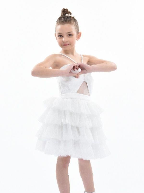 Kız Çocuk Simli Önü Pencere Detaylı Kısa Kat Kat Tasarım Abiye