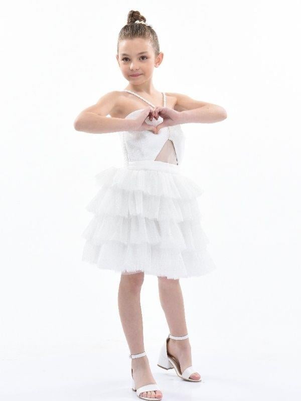 Kız Çocuk Simli Önü Pencere Detaylı Kısa Kat Kat Tasarım Abiye