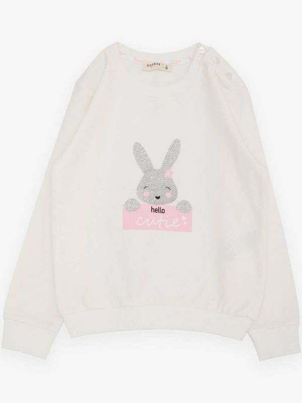 Kız Çocuk Simli Tavşan Desenli Pamuklu İnce Sweatshirt