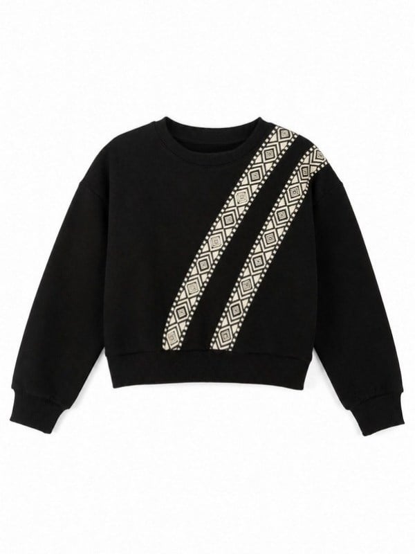 Kız Çocuk Siyah Etnik Desenli Şerit Detaylı Sweatshirt
