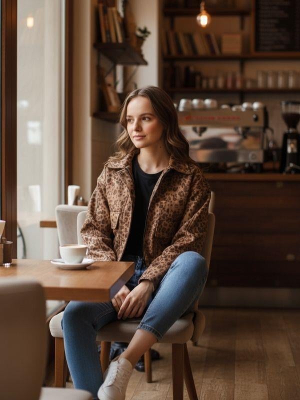 Kız Çocuk Süet Leopar Desenli Oversize Tasarım Ceket