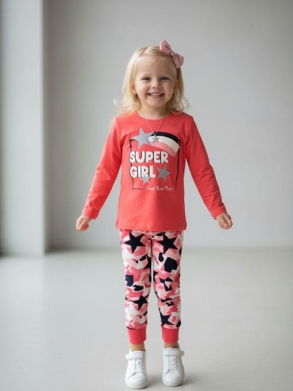 Kız Çocuk Super Girl Yazılı Simli Baskılı Uzun Kollu Pijama Takımı