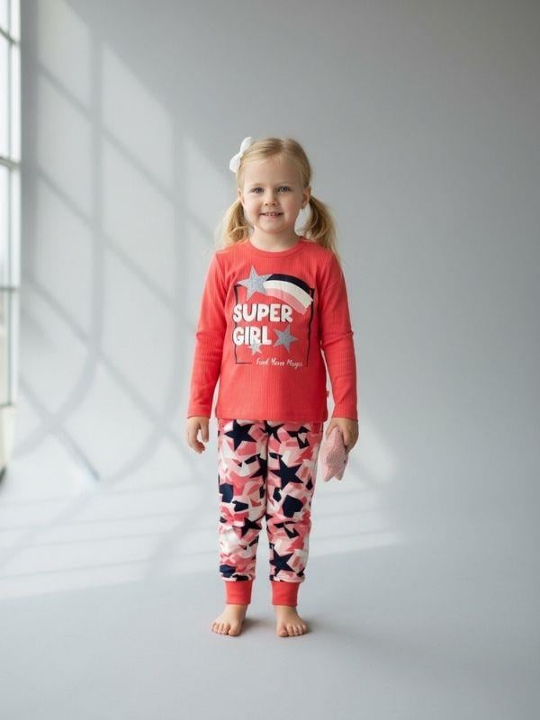 Kız Çocuk Super Girl Yazılı Simli Baskılı Uzun Kollu Pijama Takımı