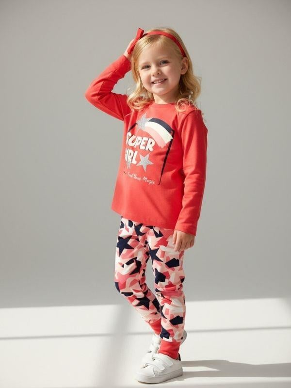 Kız Çocuk Super Girl Yazılı Simli Baskılı Uzun Kollu Pijama Takımı