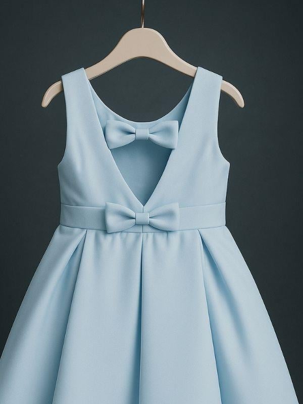 Kız Çocuk Tafta Kumaş Önü Kısa Arkası Uzun Sırtı Fiyonk Detaylı Abiye Elbise