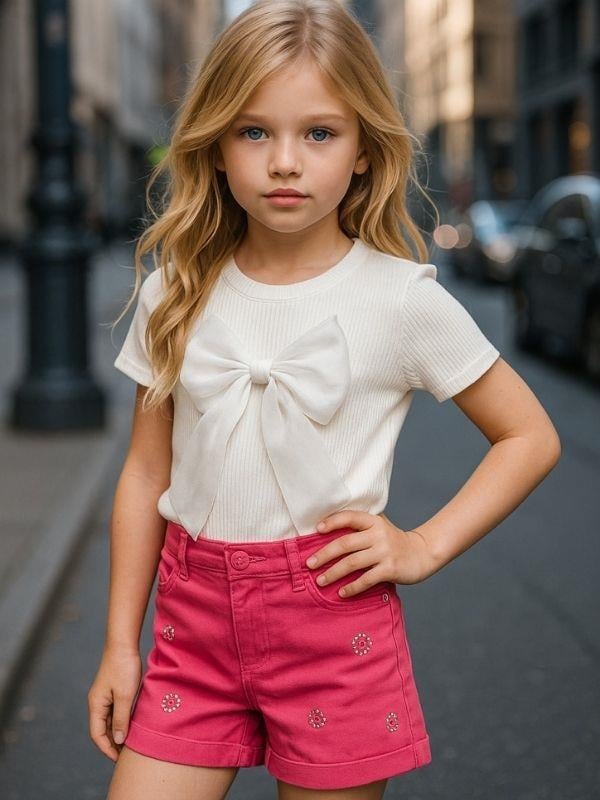 Kız Çocuk Taş İşlemeli Detaylı Tasarım Şort