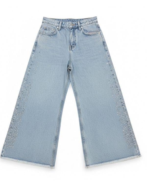 Kız Çocuk Taş İşlemeli Geniş Paçalı Jean Pantolon