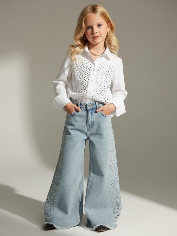 Kız Çocuk Taş İşlemeli Geniş Paçalı Jean Pantolon