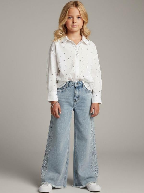 Kız Çocuk Taş İşlemeli Geniş Paçalı Jean Pantolon