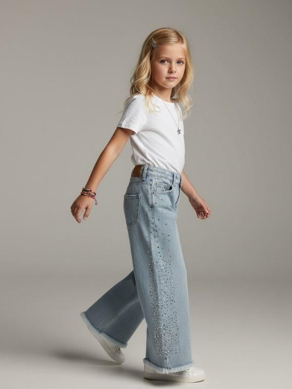 Kız Çocuk Taş İşlemeli Geniş Paçalı Jean Pantolon