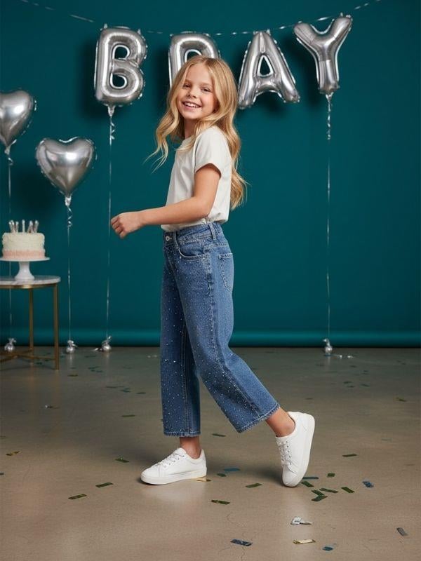 Kız Çocuk Taş İşlemeli Geniş Paçalı Mavi Kot Pantolon