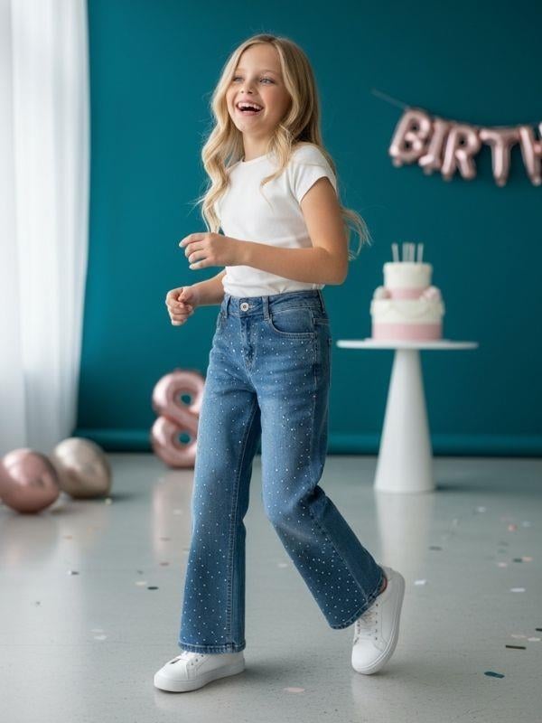 Kız Çocuk Taş İşlemeli Geniş Paçalı Mavi Kot Pantolon