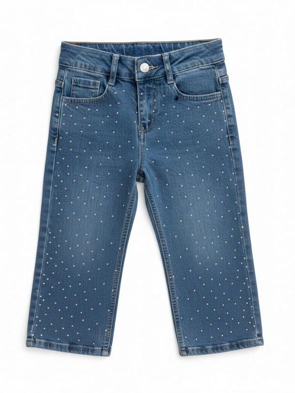 Kız Çocuk Taş İşlemeli Geniş Paçalı Mavi Kot Pantolon
