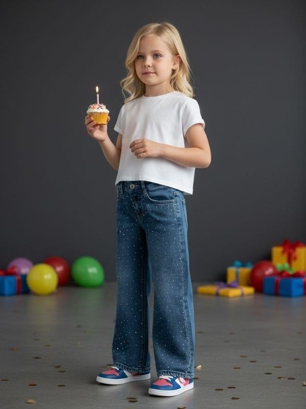 Kız Çocuk Taş İşlemeli Geniş Paçalı Mavi Kot Pantolon