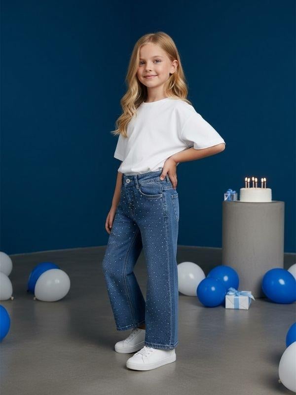Kız Çocuk Taş İşlemeli Geniş Paçalı Mavi Kot Pantolon
