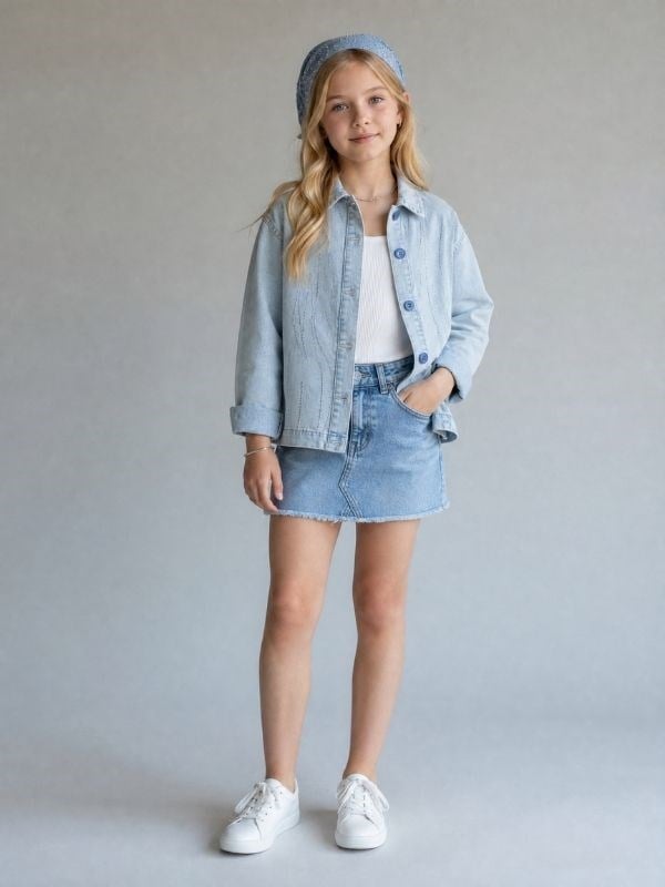 Kız Çocuk Taş İşlemeli Yumuşak Dokulu Tasarım Denim Ceket