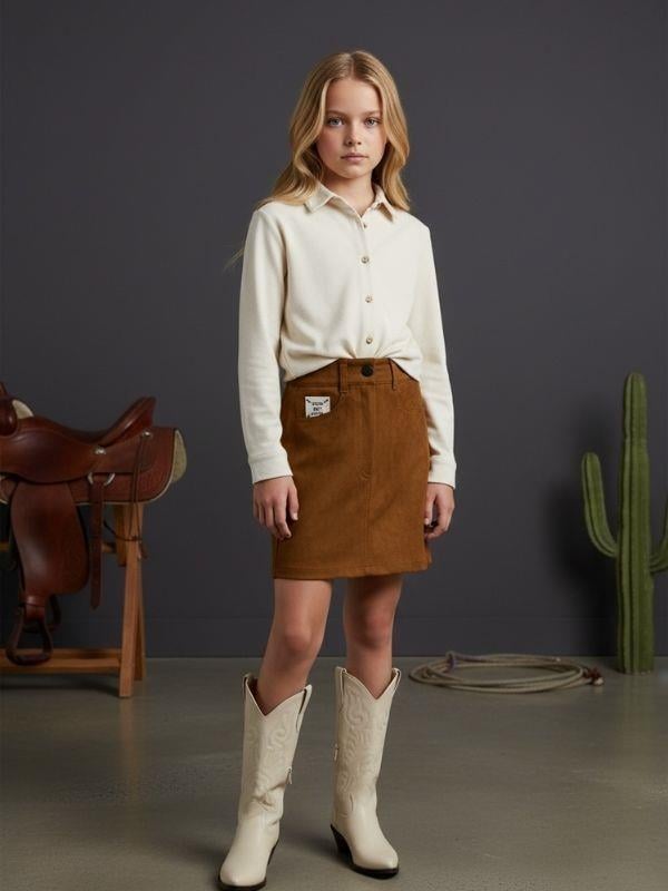 Kız Çocuk Tasarım Belden Lastikli Süet Etek