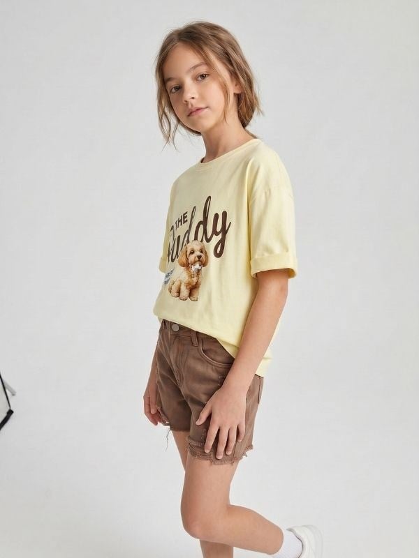 Kız Çocuk Tasarım Köpek Baskılı Oversize T-shirt