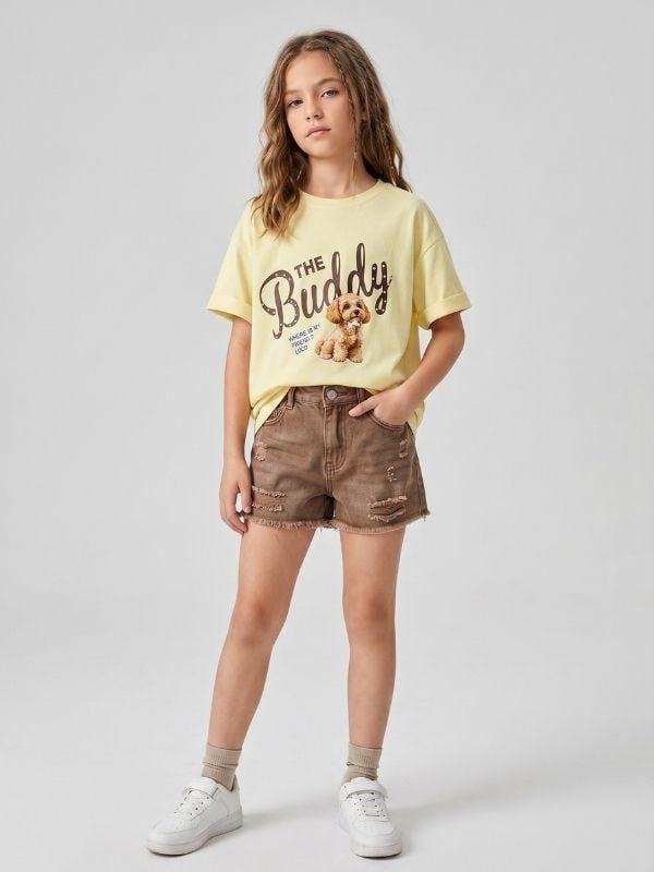 Kız Çocuk Tasarım Köpek Baskılı Oversize T-shirt