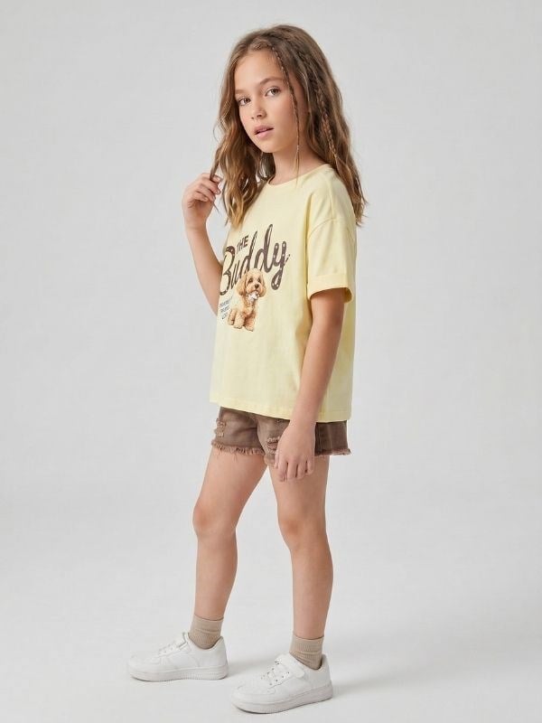 Kız Çocuk Tasarım Köpek Baskılı Oversize T-shirt