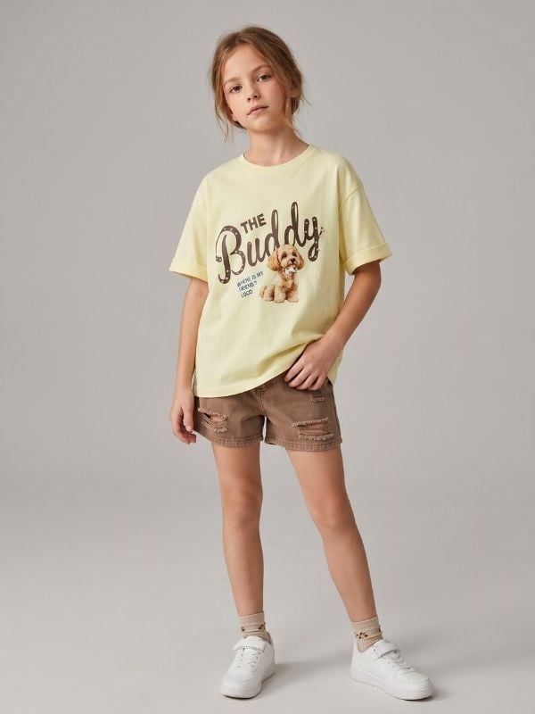 Kız Çocuk Tasarım Köpek Baskılı Oversize T-shirt