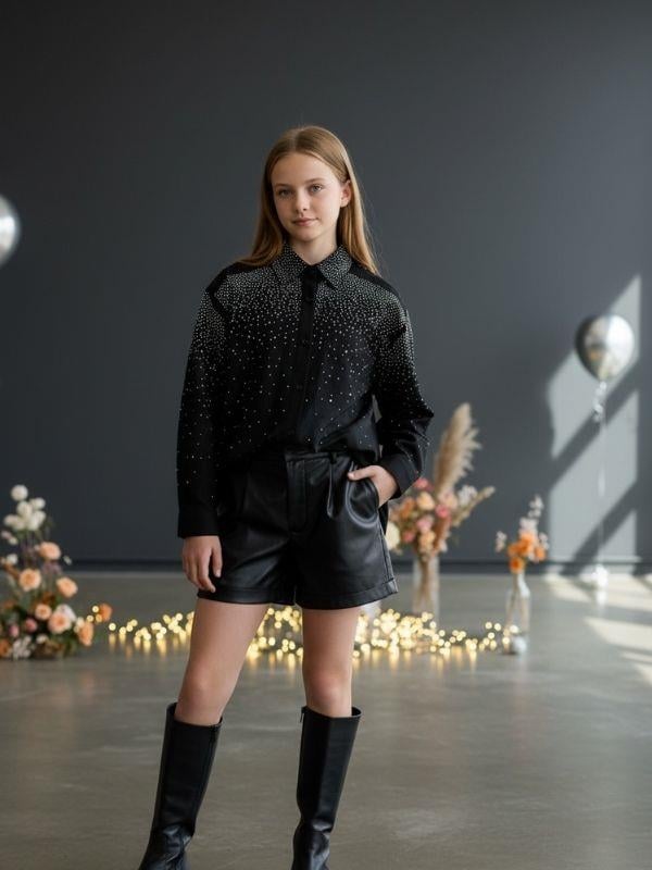 Kız Çocuk Tasarım Taşlı Saten Gömlek